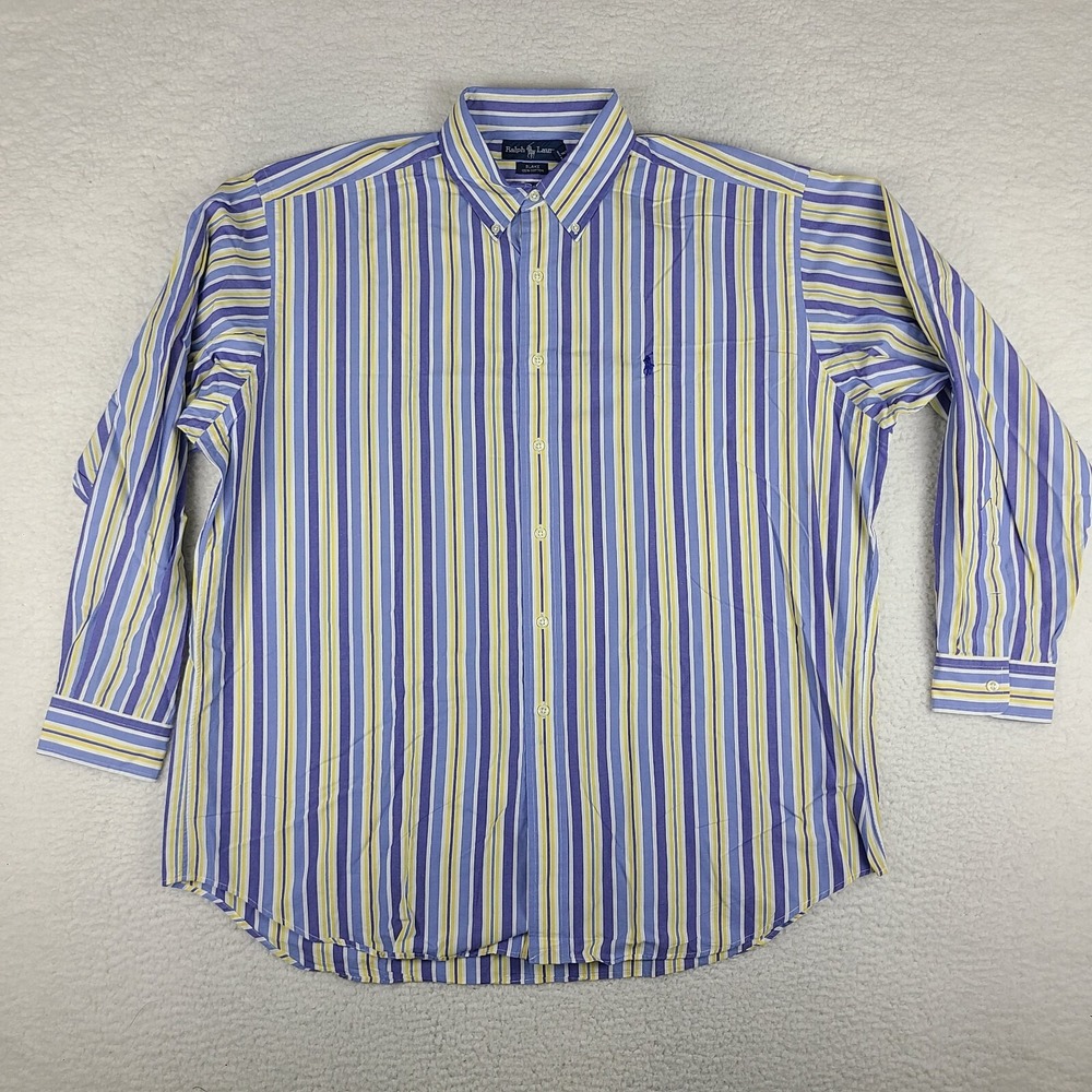 Ralph Lauren Shirt Mens XL Blue Yellow Striped Blake Dress Button Down VTG